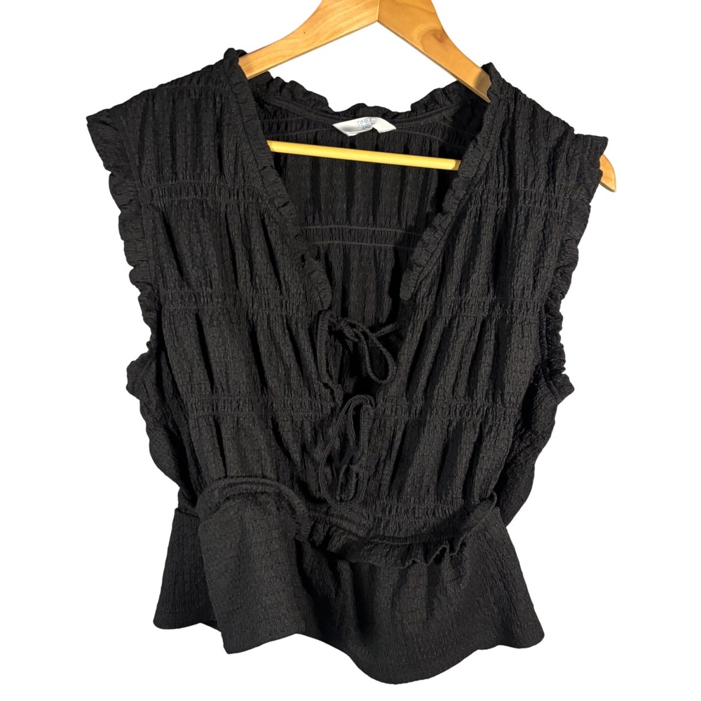 Peplum Blouse Womens XXXL‎ 22 Black Smocked Ruffle Cap Sleeve Tie Front